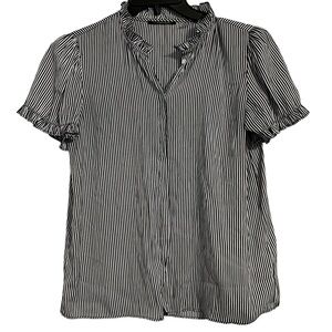 T Tahari Blouse MED Black & White Stripe Airflow Ruffle Hidden Button Elegant
